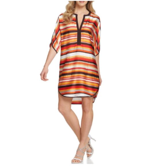 DKNY Dress Women's XL Multi Striped Split-Neck‎ Elbow-Sleeve Shirttail Dress - Picture 1 of 14